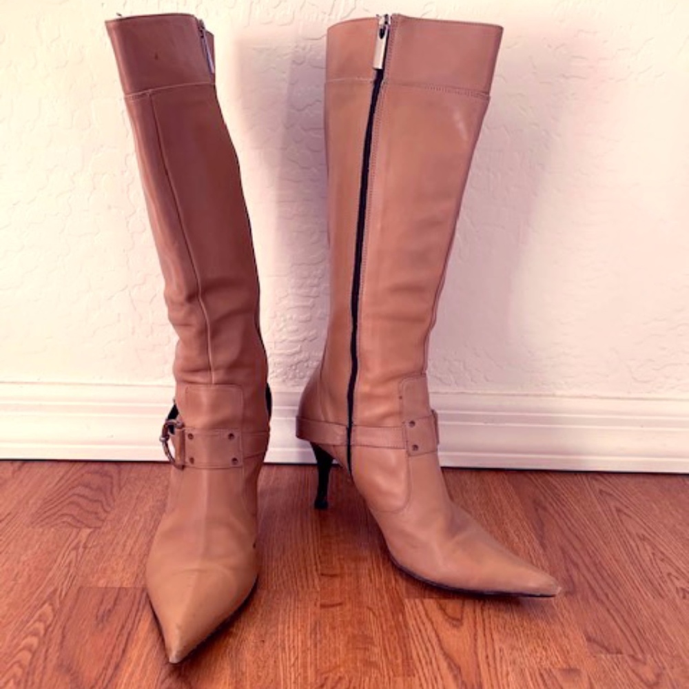 Camel-colored point toe boots